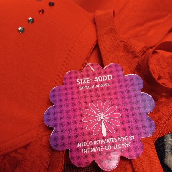 Inteco Intimates 40DD Bra Red Lace Underwire Adjustable Straps Rhinestone Accent - Picture 11 of 11